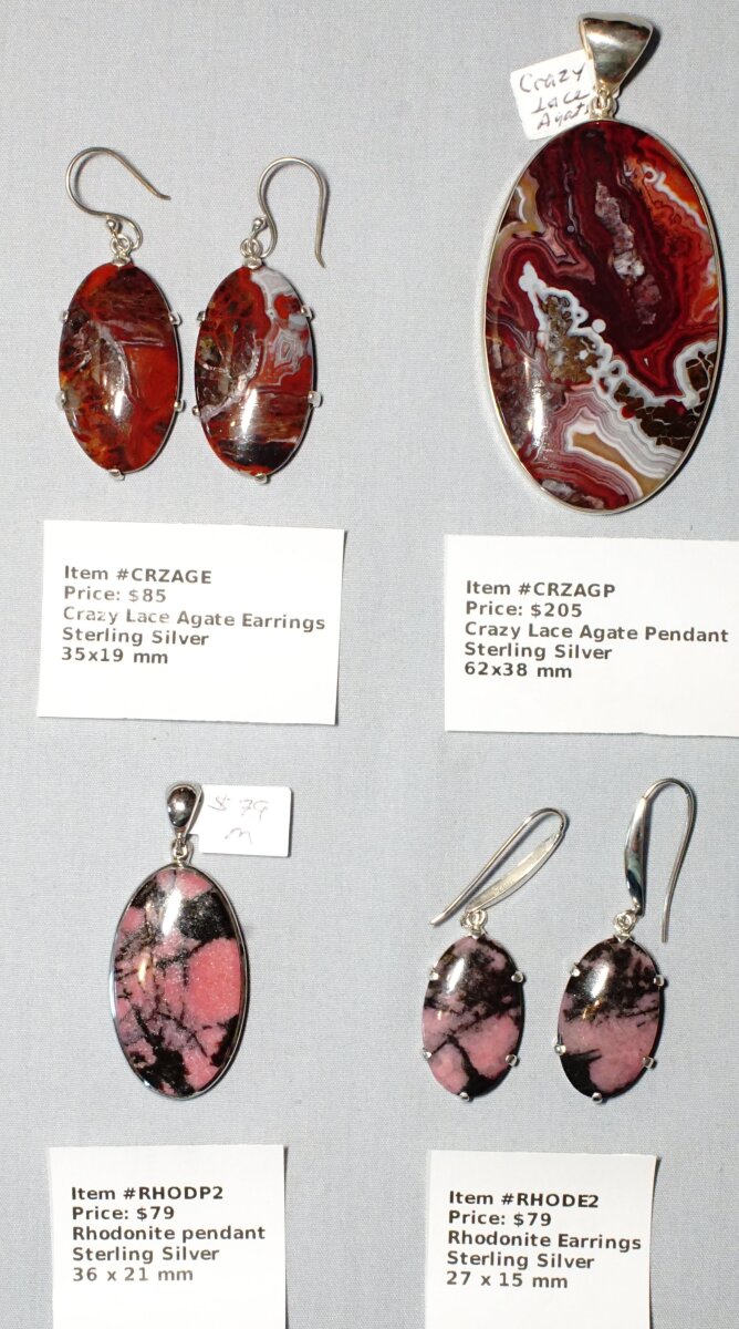 Scaled image Crazy lace agate and rhodonite.JPG: Item # RHODP2 - Rhodonite pendant, sterling silver, 36x21 mm
Item # # RHODE2-Rhodonite earrings, sterlinig silver, 27x15 mm
Item # CRZAGE-Crazy Lace Agate earrings, sterling silver, $85
Item # CRZAGE-Crazy Lace Agate pendant, Sterling silver, $205� 