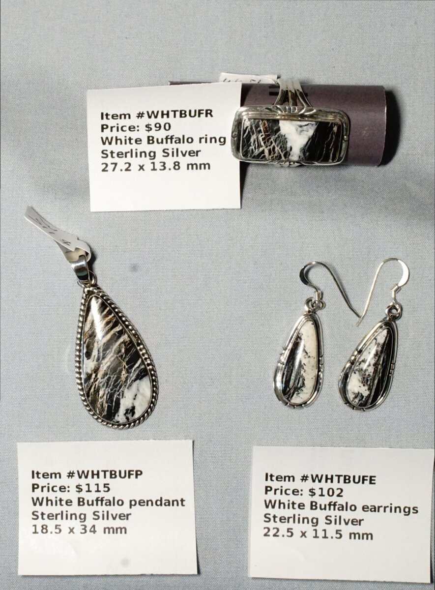 Scaled image White Buffalo.JPG: Item # WHTBUFP - White Buffalo pendant, Sterling silver, 18.5x34 mm, $115
Item # WHTBUFE - White Buffalo earrings, Sterling Silver, 22.5x11.5 mm, $102
Item # WHTBUFR- White Buffalo ring, Sterling silver, size 8.5, $90� 