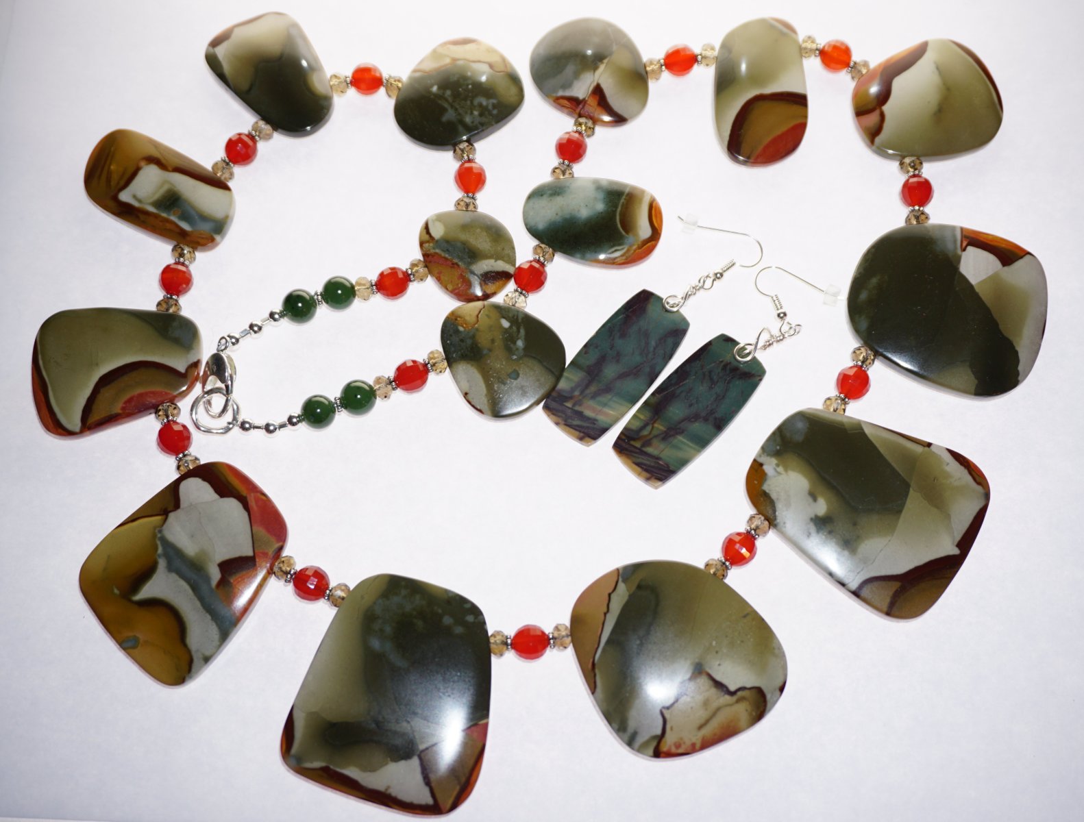 Scaled image DSC00159.JPG: Landscape Jasper slabs, Smoky Quartz, Carnelian, Jade, and Bali spacers and Sterling Silver findings.� 