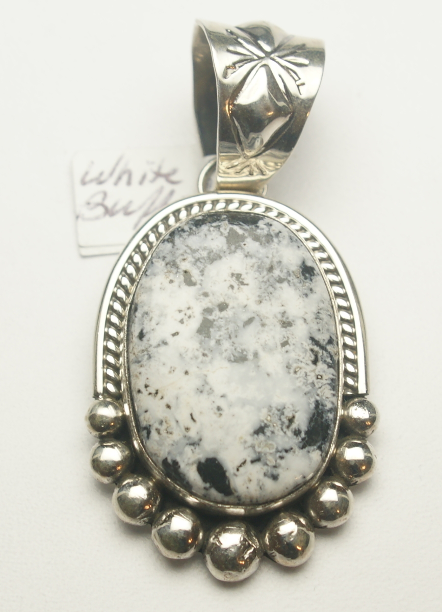 Scaled image WhiteBuffalo.JPG: Item # 201598, $350. Native American White Buffalo pendant made by Mary Ann Spencer. Sterling Silver. Length 2.25 by 1